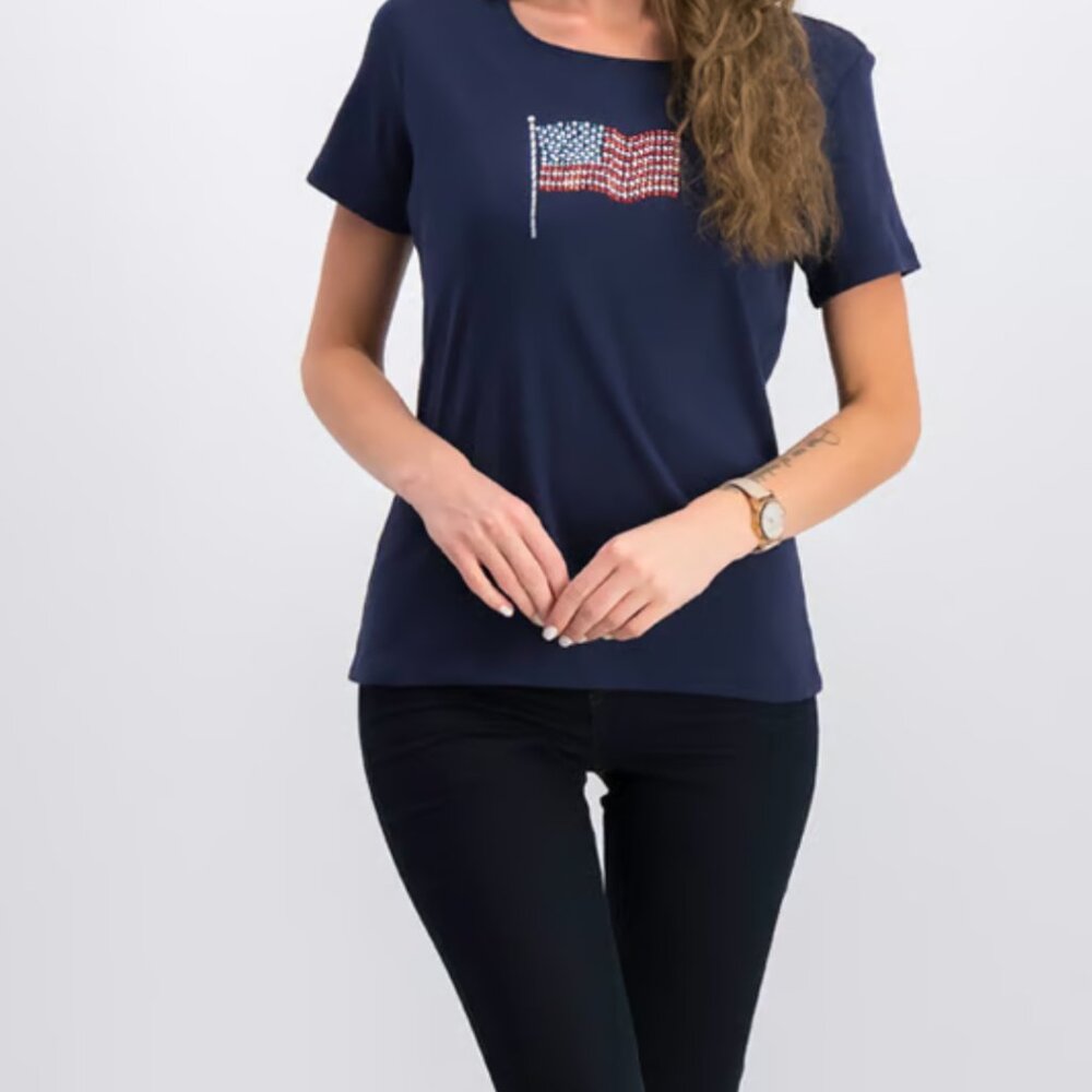 Karen Scott fitted shirt with embellished American Flag - Intrepid Blue - Picture 2 of 4